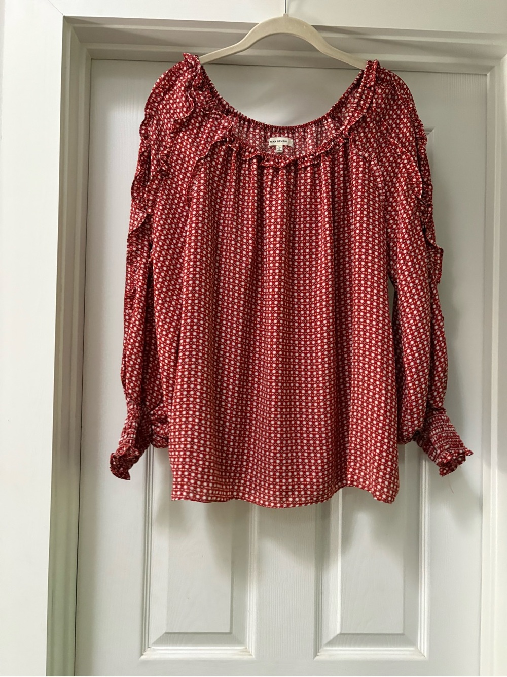 Max Studio Red Printed Ruffle Peasant Top